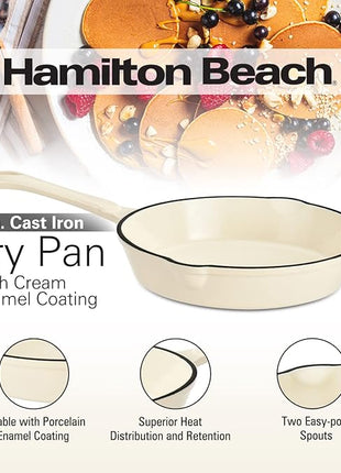 Hamilton Beach Enameled Cast Iron Fry Pan 8-Inch Cream, Cream Enamel Coating, Skillet Pan for Stove Top and Oven