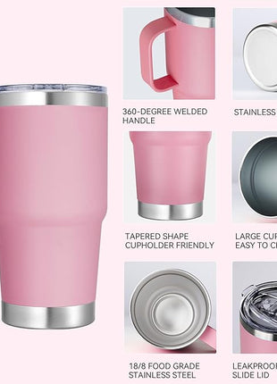 20 oz Stainless Steel Tumbler with Handle Bulk Metal Insulated Tumblers Travel Coffee Mug with Handle Double Wall Tumbler Cup with Lid and Straw, Pink 6 Pack