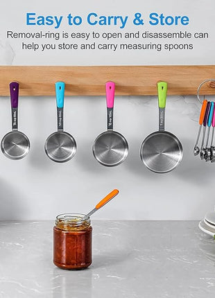 Measuring Cups and Spoons Set Stainless Steel 11 Piece for Cooking and Baking (6 Cups + 5 Spoons, Colorful Handles)