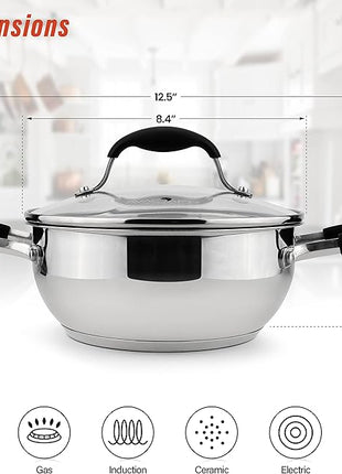 AVACRAFT 18/10 Stainless Steel Everyday Pan, Stir Fry Pan with Five-Ply Base, Chef’s Pan with Glass Lid, Multipurpose Stewpot Skillet, Saute Pan, Casserole in Pots and Pans (8 inch)