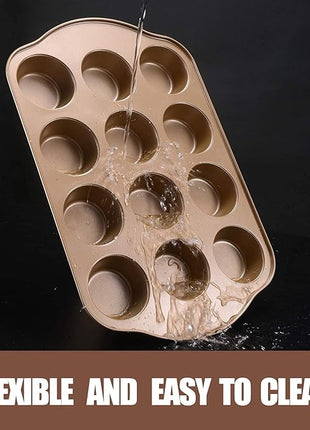 Nonstick Muffin & Cupcake Pan Set (2 Pack) - 12 Cup Regular + 24 Cup Mini Muffin Tins | Heavy Duty Gold Carbon Steel, Rust-Resistant, Easy Release