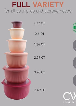 COOK WITH COLOR Prep Bowls with Lids- Wide and Deep Nesting Plastic Small Mixing Bowl Set with Lids, 12 Piece Set - Deep Bowls, Rose