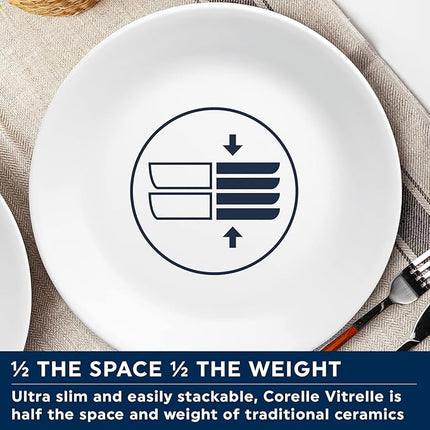 Corelle 8.5-Inch Lunch Plates, Set of 6, Lightweight Vitrelle Glass, Chip & Crack Resistant, Dishwasher & Microwave Safe, White