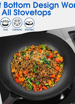 12.5 Inch Carbon Steel Wok For Electric, Induction and Gas Stoves (Lid, Spatula and User Guide Video Included)
