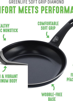 GreenLife 16 Piece Nonstick Cookware Set, Soft Grip Non-Toxic PFAS-Free Ceramic Pots & Pans, Dishwasher & Oven Safe, Frying, Sauce, Saute, Utensils, Glass Lids, Stay-Cool Handles, Wobble Free, Black