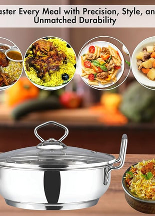 Vinod Stainless Steel Kadai with Glass Lid Extra Thick SAS Heavy Base Kadai for Cooking Induction and Gas Compatible 125 oz 10.14 in 2-Year Silver