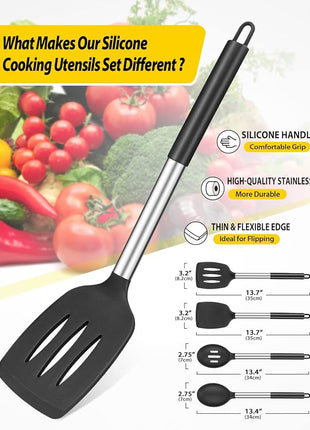 Pack of 4 Silicone Cooking Utensils Set, Non Stick Large Solid Spatulas, Heat Resistant Black Slotted Spoons, Ideal BPA Free Kitchen Turners for Frying, Mixing,Serving,Draining,Turning,Stirring