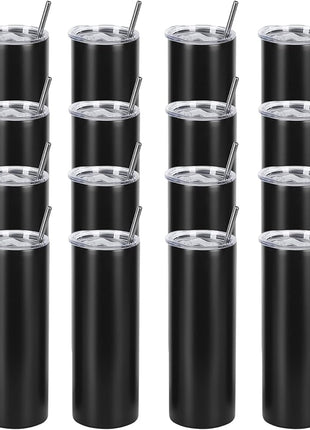 16 Pack 20 Oz Straight Skinny Tumblers,Individually Gift Boxed Stainless Steel Slim Skinny Tumbler Set Bulk, 20 Oz Insulated Slim Thin Travel Tumbler Cup for Diy, Black