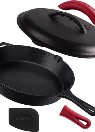 Cuisinel Cast Iron Skillet with Lid - 12"-inch Pre-Seasoned Covered Frying Pan Set + Silicone Handle & Lid Holders + Scraper/Cleaner - Indoor/Outdoor, Oven, Stovetop, Camping Fire, Grill Safe Cookware