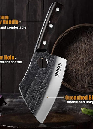 Huusk Serbian Chef Knife with Full Tang Handle Forged Butcher Knives for Meat Cutting Meat Cleaver Knife with Sheath for Halloween Kitchen Hunting or Camping Christmas Gift for Men and Women