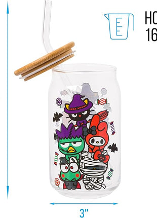 Silver Buffalo Sanrio Hello Kitty &Friends Halloween Spooky Badtz-Maru Frankenstein,Chococat Witch,My Melody Ghost,Keroppi Vampire,Mummy Glass Jar Tumbler w Bamboo Lid&Glass Straw,16oz(Pack of 12)