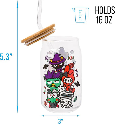Silver Buffalo Sanrio Hello Kitty &Friends Halloween Spooky Badtz-Maru Frankenstein,Chococat Witch,My Melody Ghost,Keroppi Vampire,Mummy Glass Jar Tumbler w Bamboo Lid&Glass Straw,16oz(Pack of 12)