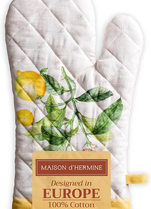 Maison d' Hermine Oven Gloves 100% Cotton Oven Mitt 7" x 13" with Loop Heat Resistant, BBQ, Cooking Gloves, Baking, Grilling, Kitchen, Handling Hot Pans Spring/Summer (Pack of 1, Limoncello)