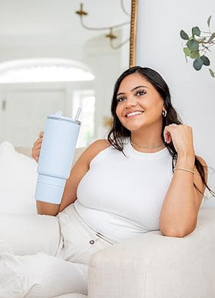 Ello Port 40oz Tumbler with Carry Loop & Integrated Handle, Vacuum Insulated Stainless Steel Reusable Water Bottle, Travel Mug with Leak Proof Lid & Straw for Iced Coffee & Tea, Halogen Blue