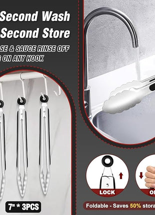 Walfos Kitchen Small Tongs - 7 inch Heavy Duty Mini Food Tongs, Stainless Steel and Non-Slip Heat Resistant Handle - Great for Cooking, Salad, Grilling and Barbecue，3 Piece