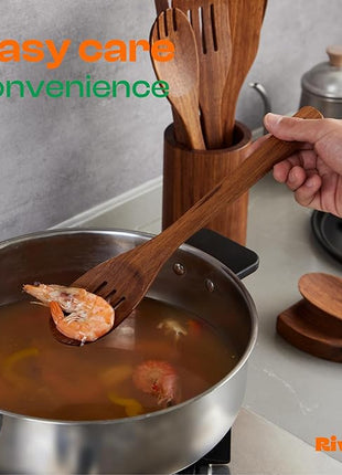 Riveira Teak Wooden Cooking Utensils Set of 3 Natural Teak Wooden Spoons & Spatula, Non-Toxic, Heat-Resistant, Scratch-Free for Non-Stick Cookware