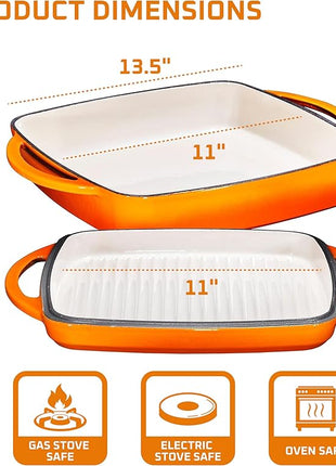 Bruntmor 11-Inch Enameled Cast Iron Cookware - 2-in-1 Square Cast Iron Casserole Dish with Lid and Dual Handles for Baking, Braising, and Roasting - Durable, Nonstick Skillet Dutch Oven, Pumpkin Spice