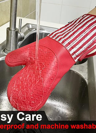 Silicone Oven Mitts Heat Resistant 932℉ with Waterproof & Non-Slip Kitchen Mittens, Set of 2 Extra Long Oven Gloves with Soft Cotton Terry Lining for Baking Cooking Barbecue (2, Red Mitts)