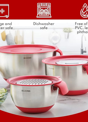 Belwares Mixing Bowls with Lids Set - 3-Piece Stainless Steel Nesting Bowls with Graters, Handles, and Airtight Lids - Non-Slip Mixing Bowls for Cooking, Baking, Prepping, and Food Storage (Red)
