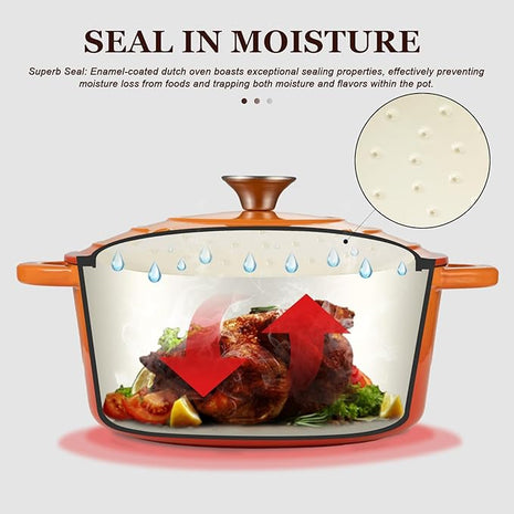 Overmont Enameled Cast Iron Dutch Oven - 4.5QT Pot with Lid Cookbook & Cotton Potholders - Heavy-Duty Cookware for Braising, Stews, Roasting, Bread Baking orange