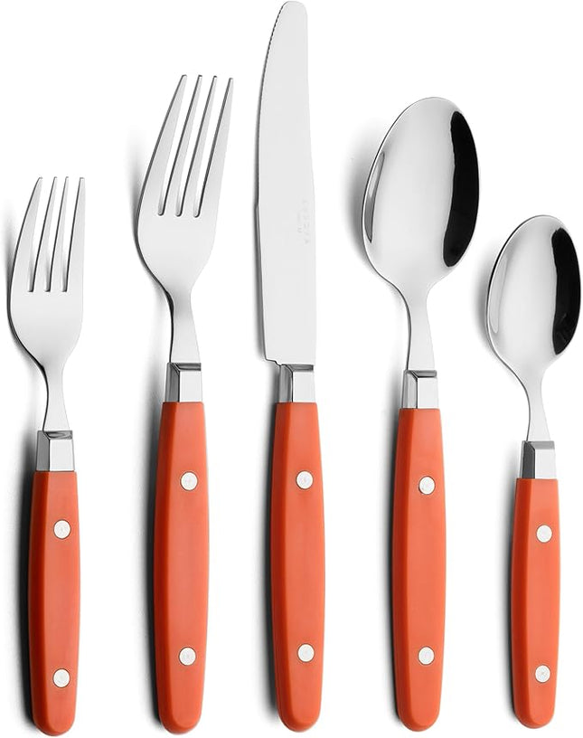 ANNOVA Silverware Set, Retro/Rivet Colorful Stainless Steel Tableware Kitchen Flatware Set Utensils, Includes Dinner Knives, Forks, Spoons, Salad Forks & Dessert Spoons (Orange, 20 Pieces)