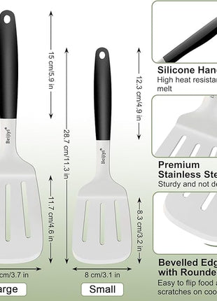 Beijiyi 2-Piece Stainless Steel Spatula Set, 13.3" & 11.3" Slotted Turner, Heavy Duty Metal Spatulas for Cast Iron Skillet and Grilling Cooking with Silicone Handle, Flipper for Steak, Burger and Eggs
