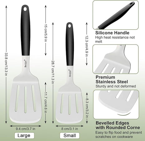 Beijiyi 2-Piece Stainless Steel Spatula Set, 13.3" & 11.3" Slotted Turner, Heavy Duty Metal Spatulas for Cast Iron Skillet and Grilling Cooking with Silicone Handle, Flipper for Steak, Burger and Eggs