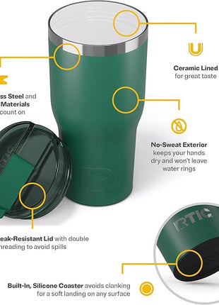 RTIC 30oz Essential Tumbler with Lid, Ceramic Lined, Insulated, Stainless Steel, Metal, Double Wall Vacuum-Insulation, Travel Cup for Iced Coffee, Tea, Hot and Cold Drink, Pine Tree