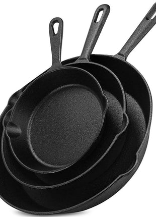 Utopia Kitchen Cast iron Skillets 3 Piece Set, Chefs Pan, Pre Seasoned Cast iron Skillets, 6, 8 & 10 Inches, Easy Use in the Oven, Stove, Grill, or Campfire, Black