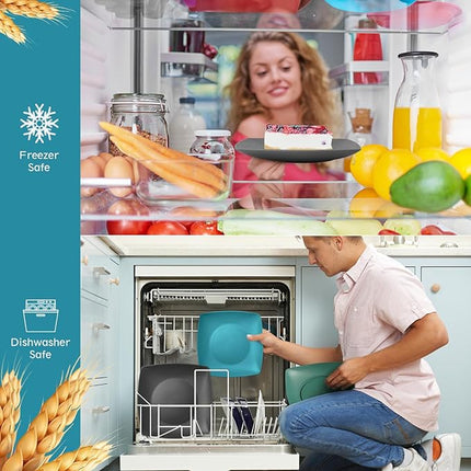 Teivio 32-piece Plastic Wheat Straw Square Dinnerware Set for 8, Unbreakable Dinner Plates, Salad Plates, Snack Bowls, Tumblers 20 oz, Dishwasher Safe, Coastal Multicolor