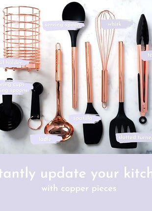 Black and Copper Kitchen Utensils with Holder - 17 Piece Set with Measuring Cups and Spoons, Rose Gold Cooking Tools - Stylish Black and Copper Kitchen Accessories for Modern Cooking and Baking
