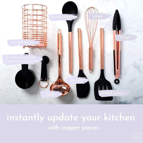 Black and Copper Kitchen Utensils with Holder - 17 Piece Set with Measuring Cups and Spoons, Rose Gold Cooking Tools - Stylish Black and Copper Kitchen Accessories for Modern Cooking and Baking