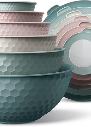 COOK WITH COLOR Mixing Bowls with Lids - 12 Piece Plastic Nesting Bowls Set includes 6 Prep Bowls and 6 Lids, Non Slip Bottom and Embossed Design - Microwave Safe (Teal)