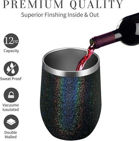 MEWAY 12oz/8 Pack Wine Tumbler Glasses with Lid - Stemless Double Wall Vacuum Stainless Steel Glitter Tumbler - Keeping Cold & Hot Cup for Coffee,Gift for Women(Rainbow Black,Set of 8)