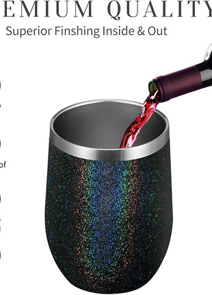 MEWAY 12oz/12 Pack Wine Tumbler Glasses with Lid - Stemless Double Wall Vacuum Stainless Steel Glitter Tumbler - Keeping Cold & Hot Cup for Coffee,Gift for Women(Rainbow Black,Set of 12)
