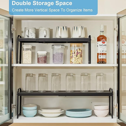 1 Pack Expandable Cabinet Countertop Shelves, Stackable Shelves Organizers for Kitchen Cabinet Countertop Storage, Adjustable Counter Cupboard Pantry Organizer Shelf Rack Stand, Length:25.5"