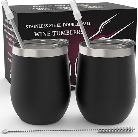 CHILLOUT LIFE 12 oz Stainless Steel Wine Tumblers 2 Pack - Double Wall Vacuum Insulated Wine Glasses Cups with Lids and Straws Set Keeping Cold & Hot for Coffee, Beer, Ice Cream - Powder Coated Black