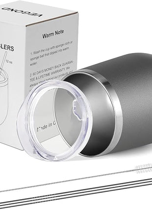 VEGOND 12oz Stainless Steel Wine Tumbler with Lid and Straw, Double Wall Vacuum Insulated Stemless Wine Glass Tumbler Cup, Coffee Mug for Cold Hot Drinks