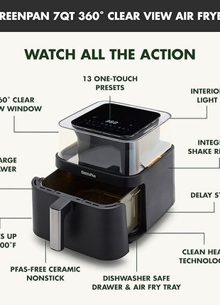 GreenPan Clearview Extra Large 7QT Air Fryer, 360° Clear Window, PFAS-Free Ceramic Nonstick Drawer and Tray, Heat to 400°F, 13-Presets, Shake Reminder, Keep Warm, Delay Start, Dishwasher Safe Parts