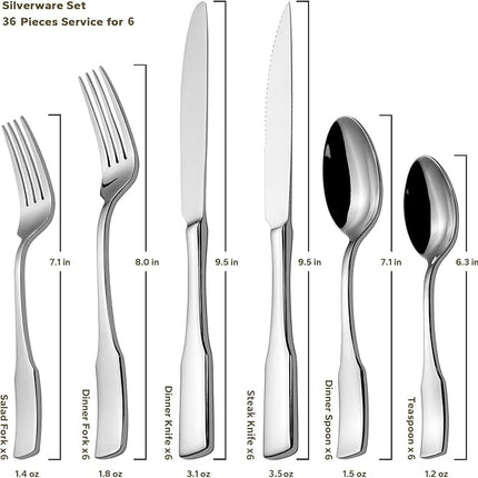 Alata Kate 36-Piece Silverware Set with Steak Knife, Stainless Steel Flatware Set Service for 6, Mirror Polished Cutlery Set Dishwasher Safe