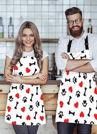 EKOBLA Dogs Paw Print Aprons Animal Bones Cute Lovely Cartoon Adorable Footprint Red Heart Waterproof Resistant Chef Cooking Kitchen BBQ Adjustable Aprons for Women Men 27x31 Inch