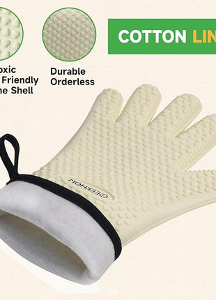 GEEKHOM BBQ Gloves Heat Resistant Oven Mitts - Silicone Grilling Gloves with 13.7" Arm Protection - Waterproof Pot Holder Non-Slip for Men & Women, Kitchen Outdoor Cooking, Baking, Camping, Mint Beige