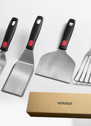 Stainless Steel Spatula Set with Heat Resistant Silicone Handle, VOVOLY Metal Spatulas For Kitchen Use, Thickened Smash Burger Spatula, Mini Brownie Spatula, Fish Flipper, Grill Scraper