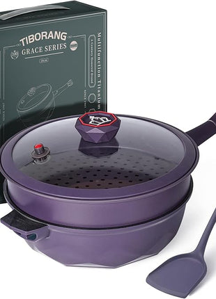 TIBORANG 8 in 1 Multipurpose 11 Inch 5 Qt Frying Pans Nonstick with Lid,Steamed Grid,PFOA-Free,Dishwasher&Oven Safe,Works with All Stovetops (Purple)