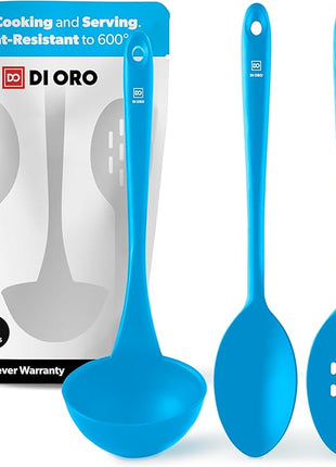 DI ORO Silicone Ladle & Spoons for Cooking – Large Kitchen Spoons for Mixing, Serving, & Stirring - Soup Ladle with Wide Bowl - High Heat Silicone Kitchen Utensils for Nonstick Cookware Safe (Blue)