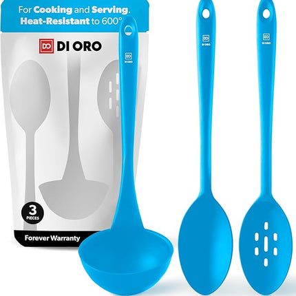 DI ORO Silicone Ladle & Spoons for Cooking – Large Kitchen Spoons for Mixing, Serving, & Stirring - Soup Ladle with Wide Bowl - High Heat Silicone Kitchen Utensils for Nonstick Cookware Safe (Blue)