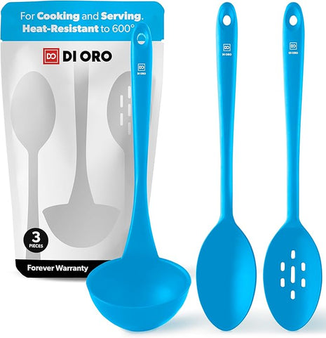 DI ORO Silicone Ladle & Spoons for Cooking – Large Kitchen Spoons for Mixing, Serving, & Stirring - Soup Ladle with Wide Bowl - High Heat Silicone Kitchen Utensils for Nonstick Cookware Safe (Blue)