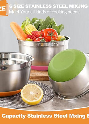 Umite Chef Mixing Bowls with Airtight Lids, 6 Piece Stainless Steel Metal Bowls, Measurement Marks & Colorful Non-Slip Bottoms Size 7, 3.5, 2.5, 2.0,1.5, 1QT, Great for Mixing & Serving