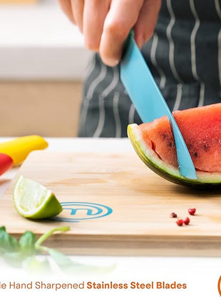 MasterChef Kitchen Knife Set with Covers incl. Paring, Boning, Carving, Bread, Santoku & Chef Knife, Sharp Cutting Stainless Steel Blades with Sheaths, 12 Piece (6 Colored Kitchen Knives & 6 Covers)