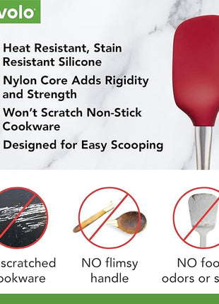 Tovolo Spoon Spatula Spoonula with Stainless Steel Handle Ergonomic Grip Cayenne Red, Silicone Scoopula Kitchen Utensil Non Scratch Easy Clean Dishwasher Safe Heat Resistant Flex Core Scoop Spatula